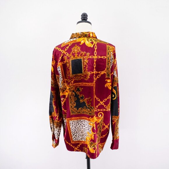 Guess XL Red Yellow Shiny Polyester Collared Button Front Top Shirt Baroque Long - Picture 6 of 9